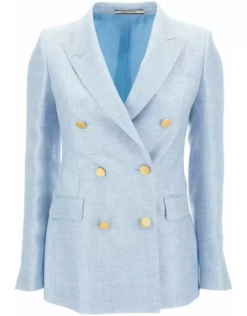 Tagliatore Light Blue Double-breasted Jacket With Golden Buttons In Linen Blend Woman
