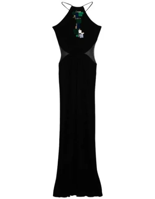Roberto Cavalli Black Embellished Mesh Trimmed Jersey Maxi Dress