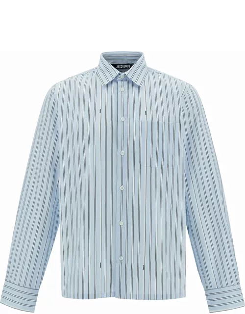 Jacquemus la Chemise De Costume Light Blue Striped Shirt With Logo In Cotton Man