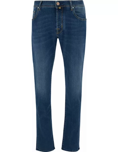 Jacob Cohen Blue Slim Low Waisted Jeans With Patch In Cotton Denim Man