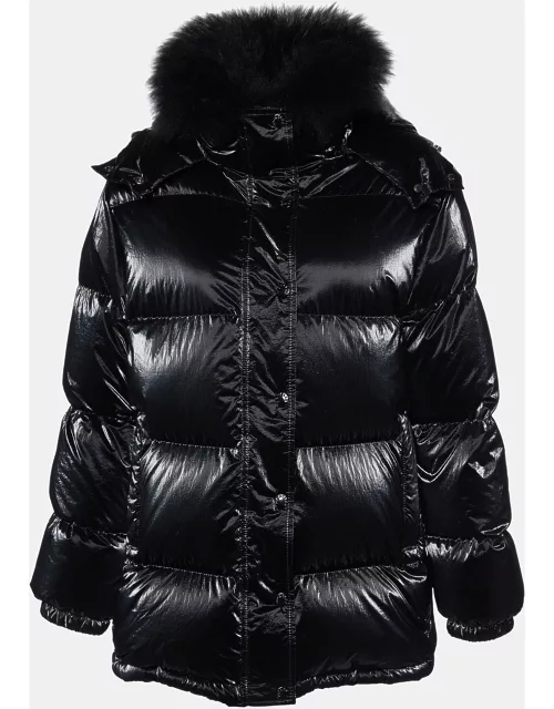 Moncler Black Coated Nylon Fur Trim Hanau Short Down Jacket