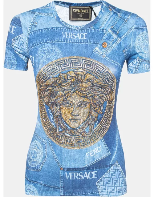 Fendi x Versace Blue Denim Print Logo Embellished Jersey T-Shirt
