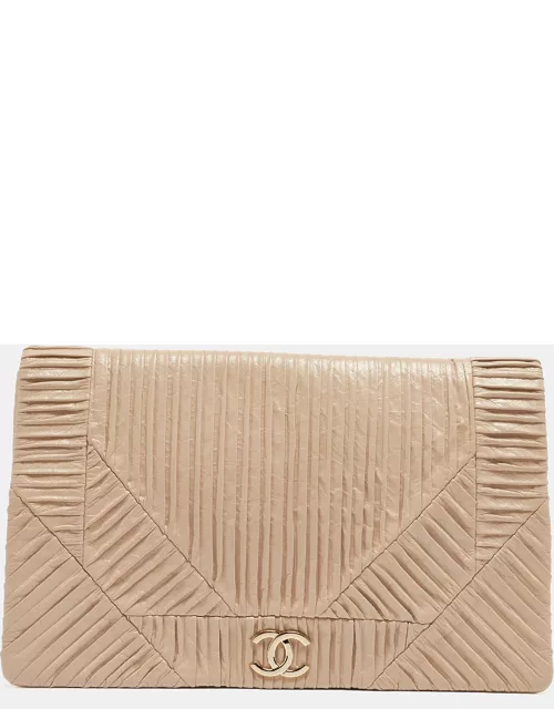 Chanel Beige Leather Coco Pleats Flap Clutch