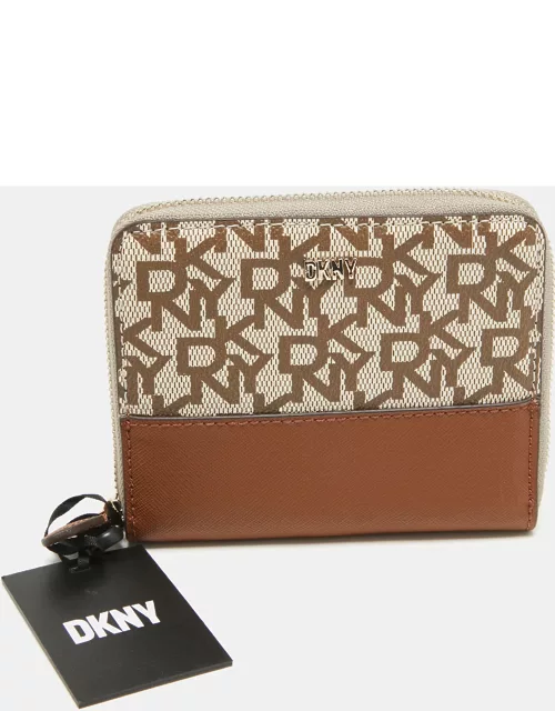 DKNY Biege/Brown Signature Coated Canvas and Leather Vela Zip Around Wallet