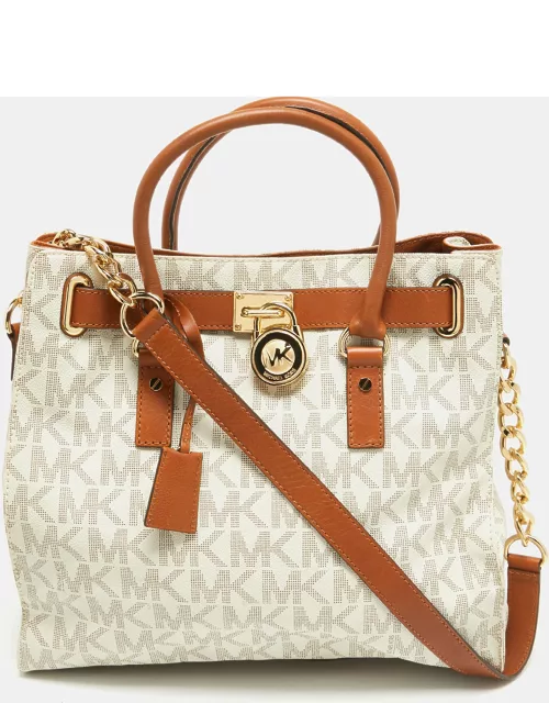 MICHAEL Michael Kors Brown/White Signature Coated Canvas Large Hamilton North South Tote