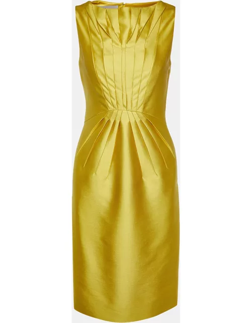 Valentino Mustard Yellow Silk & Wool Pleated Detail Sheath Dress