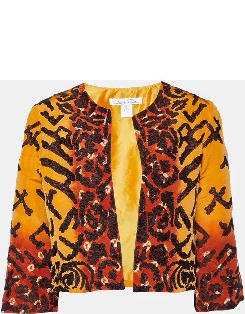 Oscar de la Renta Orange Tie-Dye Silk Embroidered Open Front Jacket