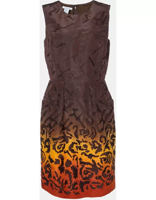 Oscar de la Renta Brown Embroidered Silk Knee-Length Dress