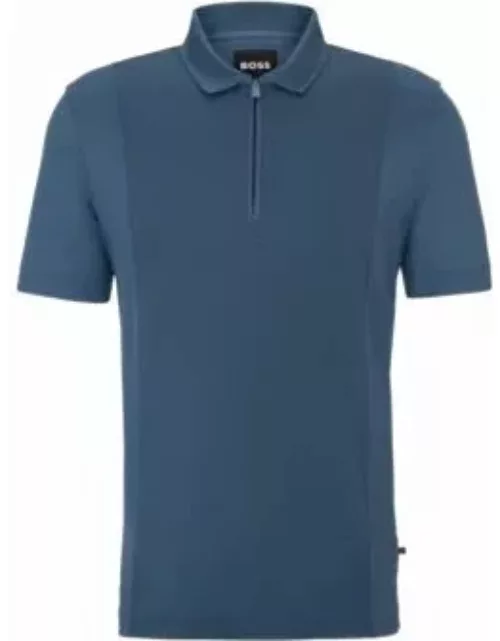 Zip-neck polo shirt in stretch cotton- Blue Men's Polo Shirt