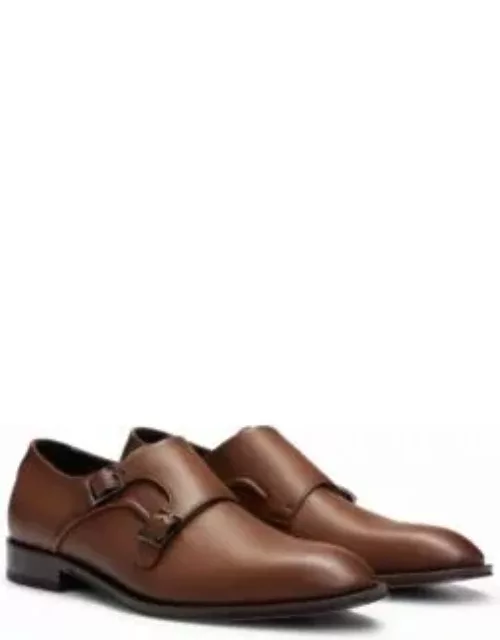Double-monk shoes in smooth leather with metal buckles- Brown Men's Business Shoe