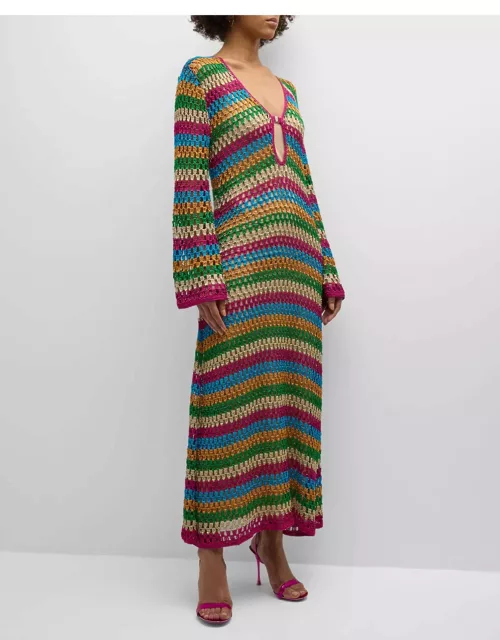 Ria Keyhole Crochet Stripe Long Dres