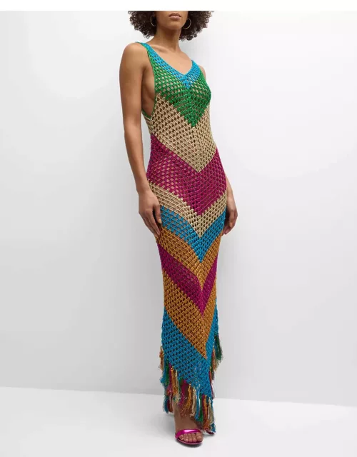 Rin Sleeveless Multicolor Chevron Stripe Crochet Maxi Dres