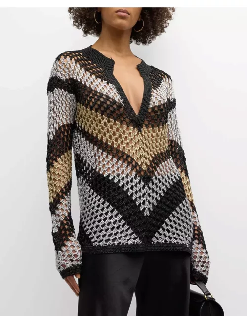 Ggo Crochet Stripe V-Neck Long-Sleeve Shirt