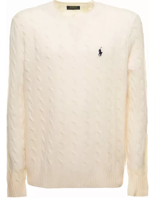 Polo Ralph Lauren White Cable-knit Crewneck Sweater With Front Contrasting Logo Embroidery In Wool And Cashmere Man
