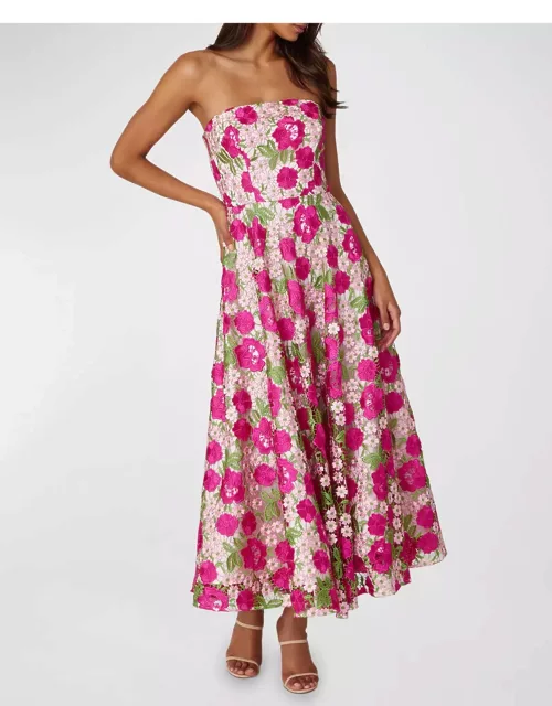 Strapless Floral-Embroidered Maxi Dres