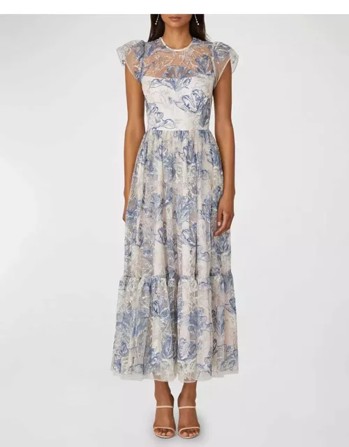 Cap-Sleeve Sequin Floral-Embroidered Maxi Dres