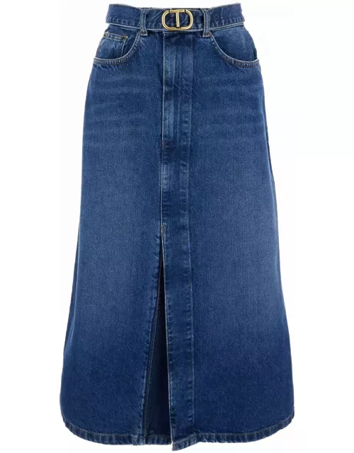 TwinSet Blue Denim Midi Skirt With Blet In Cotton Woman