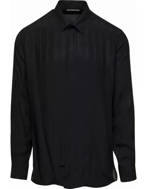Saint Laurent Black Shirt With Yves Collar And Cassandre Striped In Silk Man