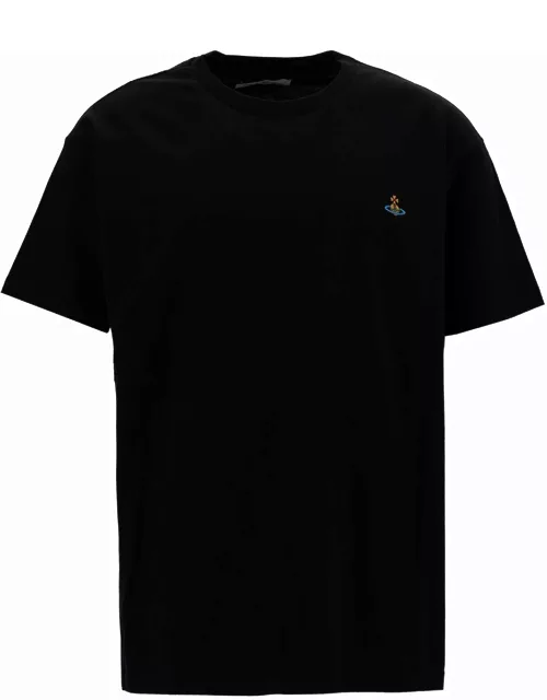 Vivienne Westwood Black Crewneck T-shirt With Multicolor Orb Embroidery In Cotton Man
