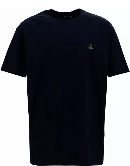 Vivienne Westwood Blue Crewneck T-shirt With Multicolor Orb Embroidery In Cotton Man