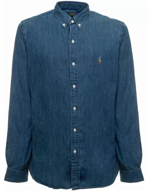 Polo Ralph Lauren Blue Slim Shirt With Logo Embroidery In Cotton Denim Man