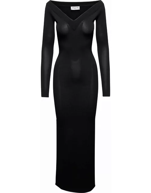 Saint Laurent Off-shoulder V-neck Long Dress In Black Viscose Woman