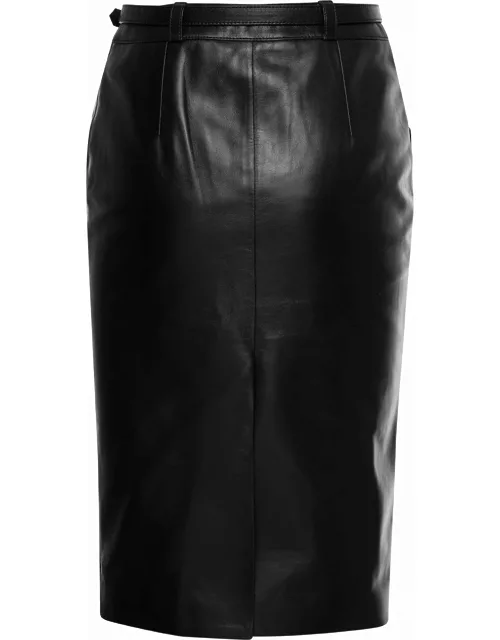 Saint Laurent Midi Black Belted Skirt In Leather Woman