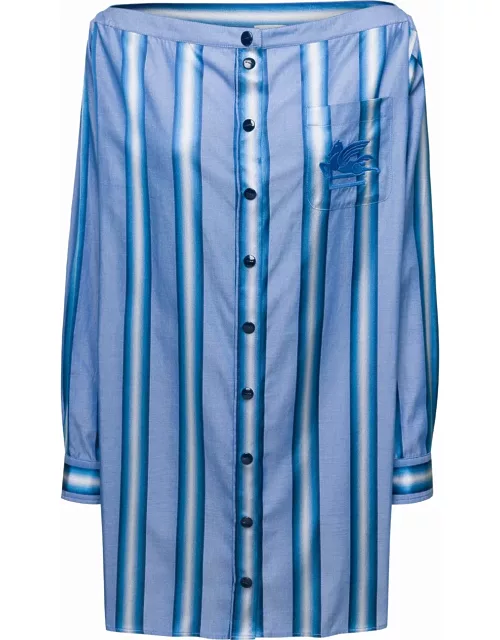 Etro Mini Light Blue Off-the-shoulders Striped Shirt Dress In Cotton And Silk Woman