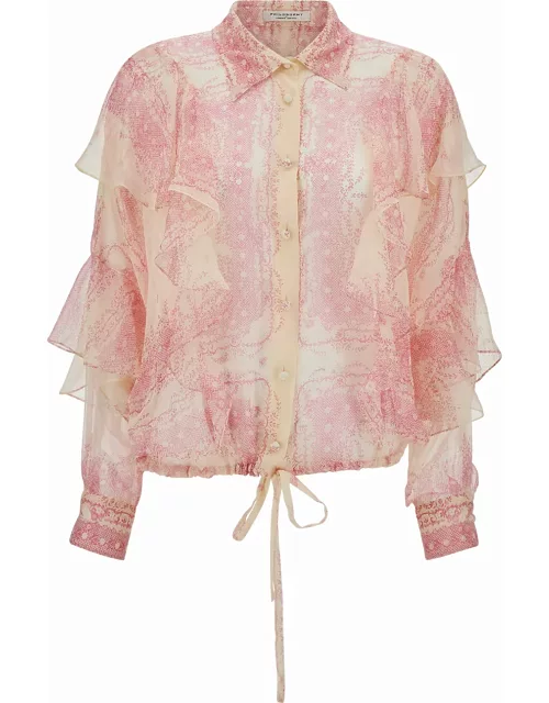Philosophy di Lorenzo Serafini Pink Shirt With Volant And All-over Print In Silk Woman
