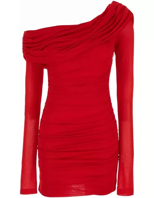 Blumarine Red One-shoulder Short Dress With Ruffles In Viscose Woman