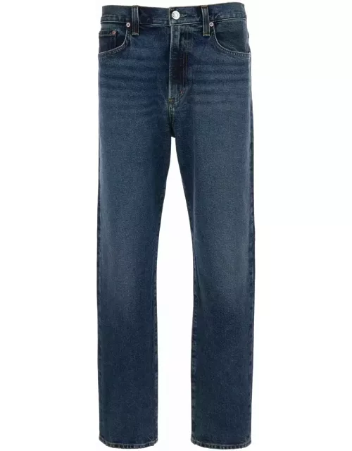 AGOLDE Blue Straight Jeans With Branded Button In Cotton Blend Denim Man