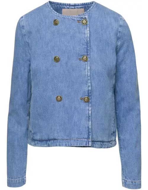 TwinSet Light Blue Denim Crewneck Jacket With Buttons In Cotton Woman