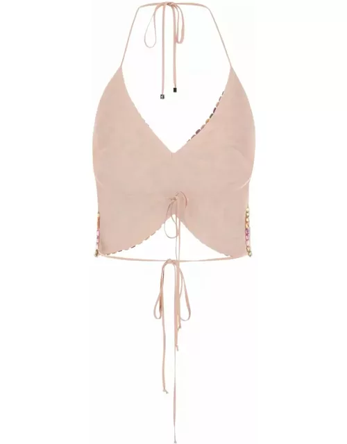Blumarine Pink Butterfly Cropped Top With Rhinestones In Viscose Woman