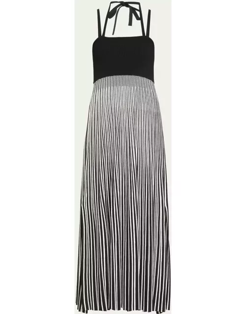 Pleated Stripe Halter-Neck Dres