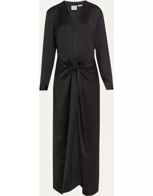 V-Neck Long-Sleeve Satin Knotted Maxi Dres