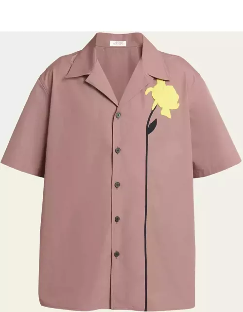 Men's Poplin Flower Embroidery Camp Shirt