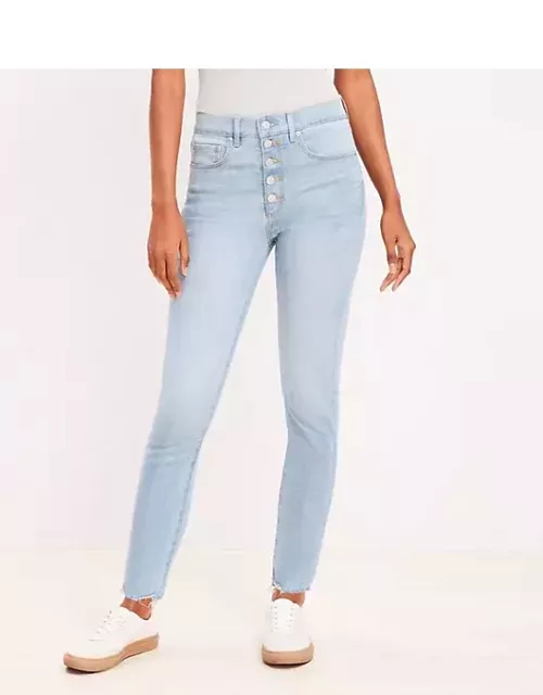 Loft Destructed Button Front High Rise Skinny Jeans in Light Wash