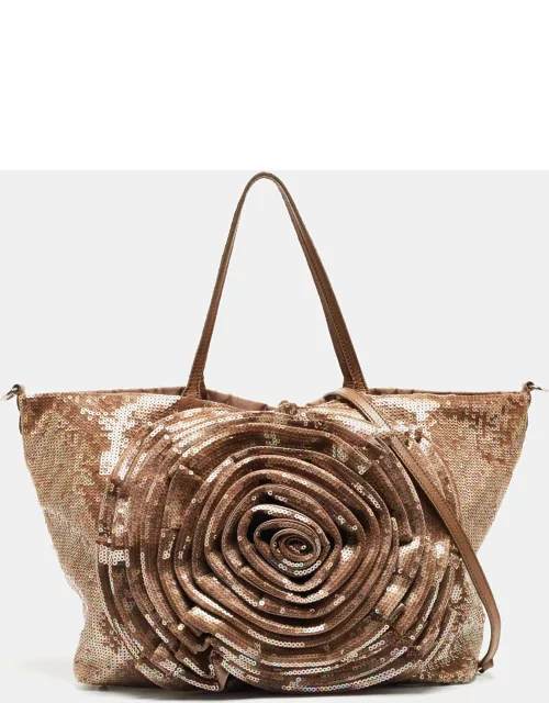 Valentino Bronze Sequins and Leather Petale Tote