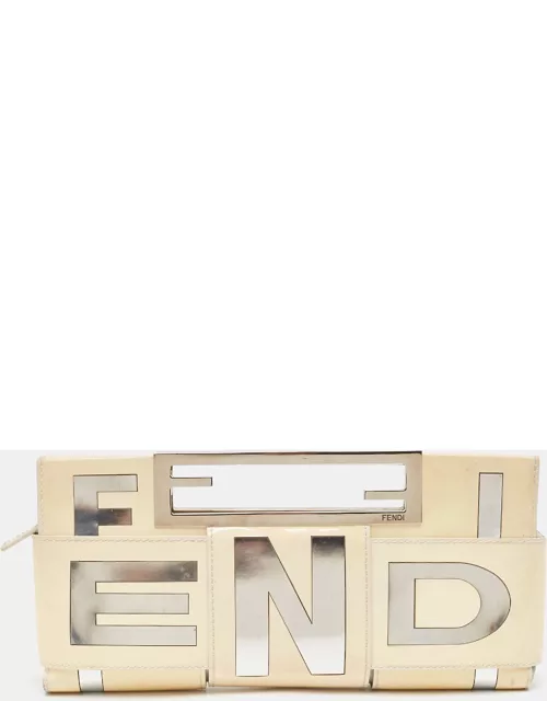 Fendi Cream/Silver Patent Leather Crossword Clutch