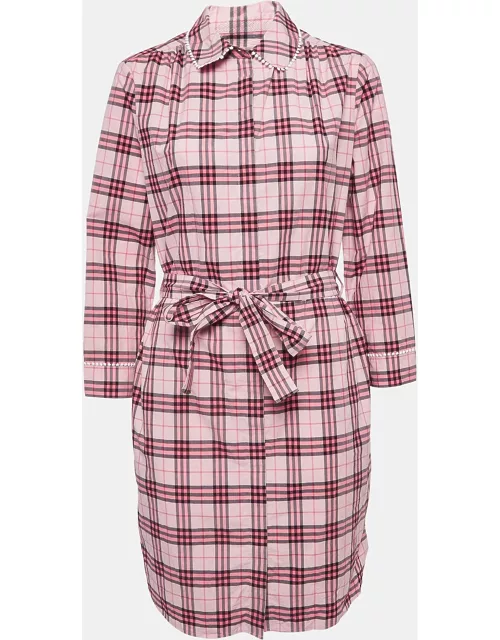 Burberry Pink Checked Lace Trimmed Cotton Belted Shirt Dress