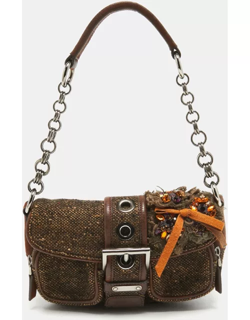 Prada Dark Brown Wool and Learher Crystals Embellished Buckle Flap Bag