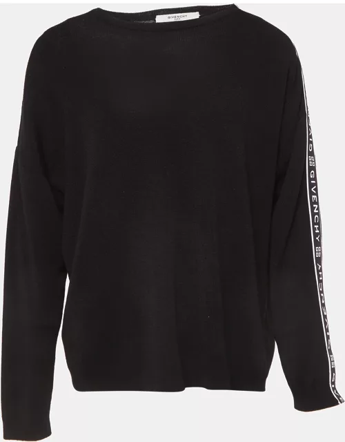 Givenchy Black Logo Tape Trim Wool Knit Crew Neck Sweatshirt