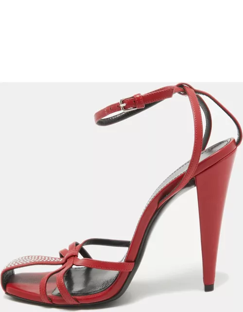 Saint Laurent Red Leather Studded Ankle Strap Sandal