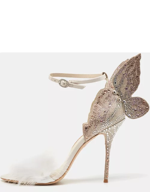 Sophia Webster Gold/White Satin and Feather Embellished Chiara Butterfly Ankle Strap Sandal