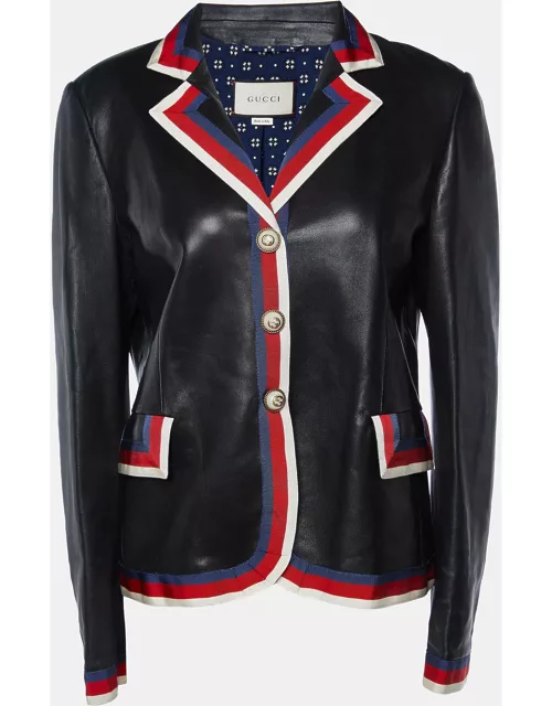 Gucci Black Leather Web Trim Appliqued Button Front Jacket