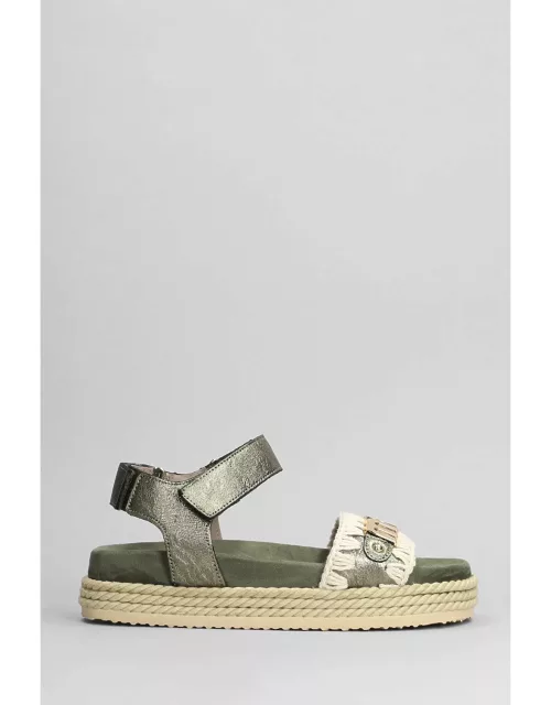 Mou Rope Bio Sandal Flats In Green Suede And Leather
