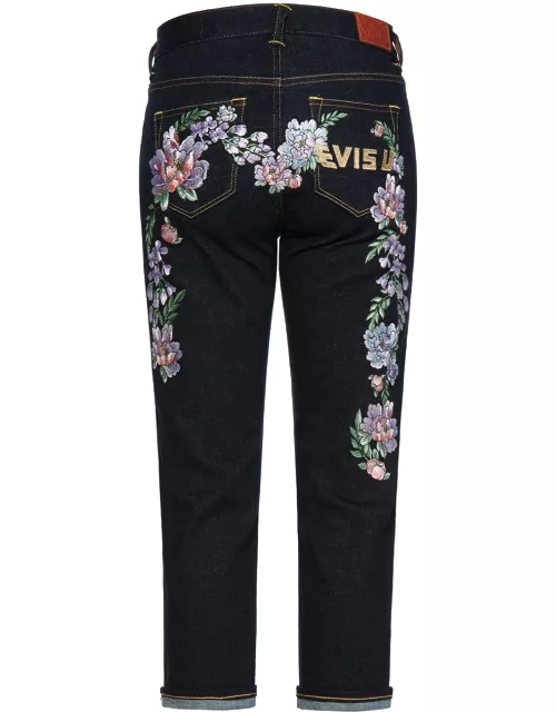 Floral Daicock and Logo Embroidered Straight-legged Jean