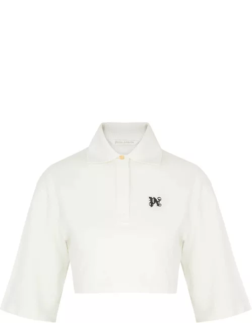 Palm Angels Logo Cropped Piqué Cotton Polo Shirt - Off White - L (UK14 / L)