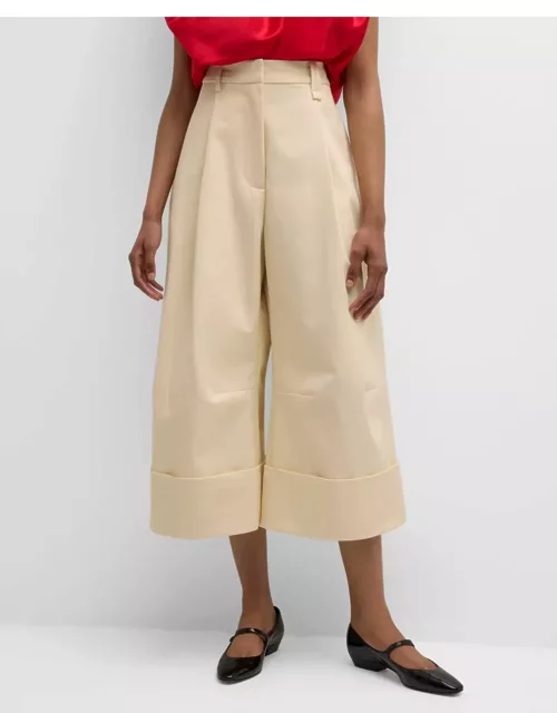 High-Rise Pleated Wide-Leg Cuffed Ankle Trouser