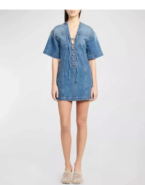 Laced V-Neck Short-Sleeve Vintage Denim Mini Dres